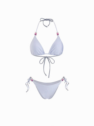 Halter Neckline Color Beaded Triangle Low Rise Tie Side Bikini Set
