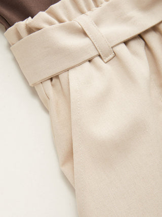 Linen-blend Colorblock Scoop Neck Mid Rise Belted Romper