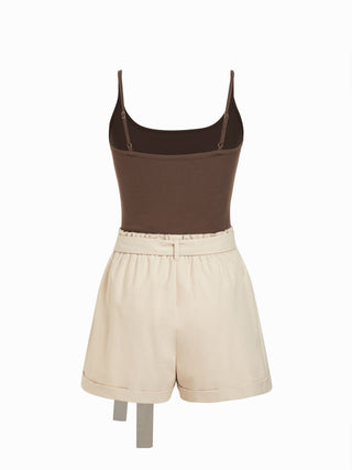 Linen-blend Colorblock Scoop Neck Mid Rise Belted Romper