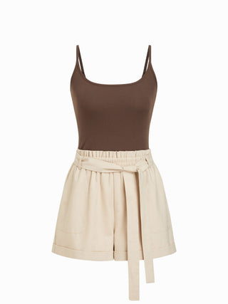 Linen-blend Colorblock Scoop Neck Mid Rise Belted Romper
