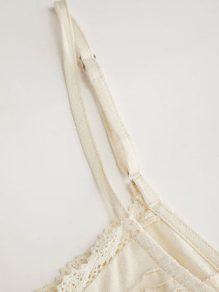 Linen-blend Square Neck Ruched Lace Trim Cami Blouse