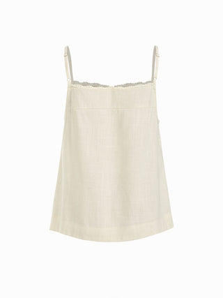 Linen-blend Square Neck Ruched Lace Trim Cami Blouse