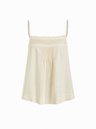 Linen-blend Square Neck Ruched Lace Trim Cami Blouse