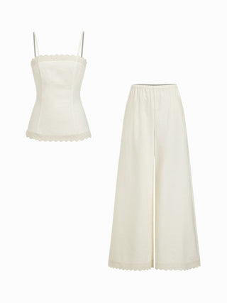 Linen-blend Lace Square Neck Cami Top & Mid Rise Wide Leg Trousers Set