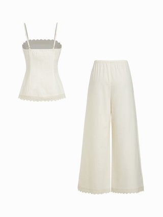 Linen-blend Lace Square Neck Cami Top & Mid Rise Wide Leg Trousers Set