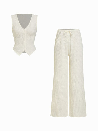 Textured V-neck Vest & Mid Rise Drawstring Wide Leg Trousers Set