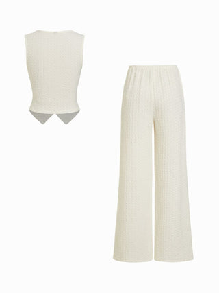 Textured V-neck Vest & Mid Rise Drawstring Wide Leg Trousers Set