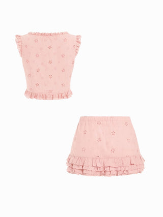 Square Neck Ruffled Top & Low Rise Embroidery Ruffle Hem Mini Skirt Set