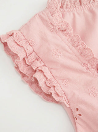 Square Neck Ruffled Top & Low Rise Embroidery Ruffle Hem Mini Skirt Set