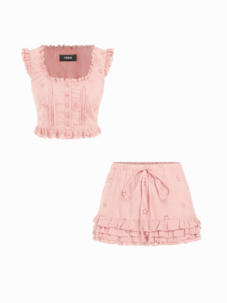 Square Neck Ruffled Top & Low Rise Embroidery Ruffle Hem Mini Skirt Set