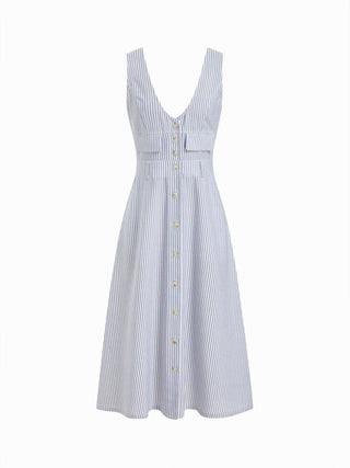 Linen-blend Stripe V-neck A-line Maxi Dress