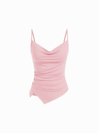 Knit Fabric Cowl Neck Ruched Asymmetrical Hem Cami Top