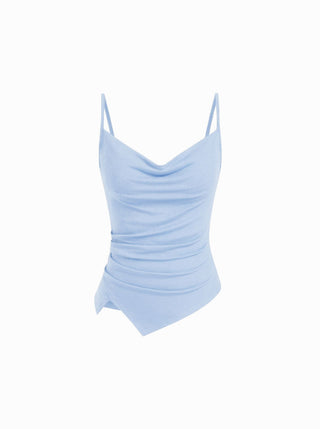 Knit Fabric Cowl Neck Ruched Asymmetrical Hem Cami Top