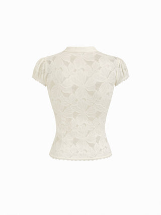 Floral Lace Stand Collar Cut Out Bowknot Short Sleeve Top