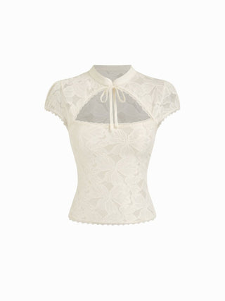 Floral Lace Stand Collar Cut Out Bowknot Short Sleeve Top