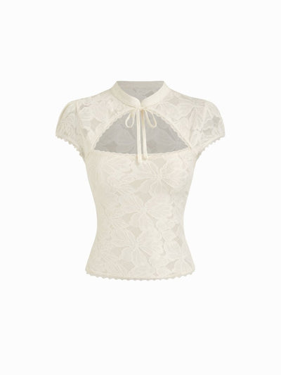 Floral Lace Stand Collar Cut Out Bowknot Short Sleeve Top