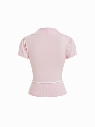 Knit V-neck Wrap Short Sleeve Top With Belt