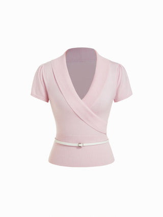 Knit V-neck Wrap Short Sleeve Top With Belt