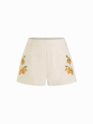 Linen-blend Fruit Graphic Mid Rise Embroidery Shorts