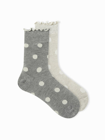 2 PAIRS POLKA DOT & CRIMPED TRIM CREW SOCKS