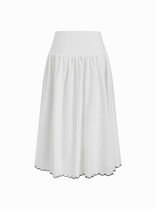 Linen-blend Low Rise Button Detail Scalloped Hem Flared Maxi Skirt