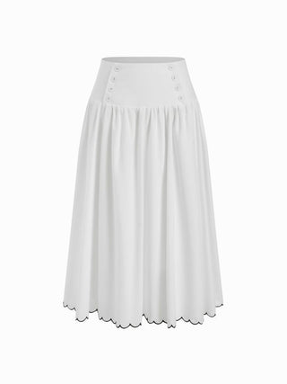 Linen-blend Low Rise Button Detail Scalloped Hem Flared Maxi Skirt
