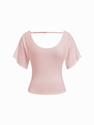 Viscose Scoop Neck Backless Short Sleeve Top