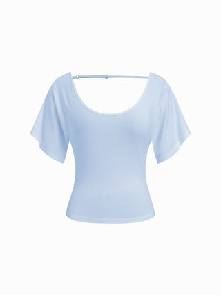Viscose Scoop Neck Backless Short Sleeve Top