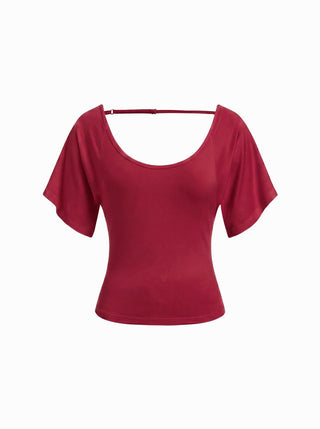 Viscose Scoop Neck Backless Short Sleeve Top