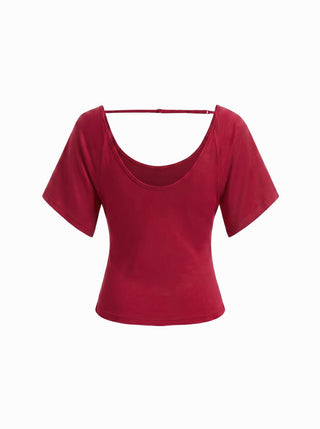 Viscose Scoop Neck Backless Short Sleeve Top