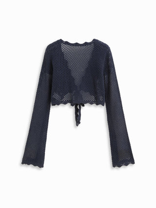 Knit Crochet Hollow Out Bell Sleeve Knotted Oversized Cardigan