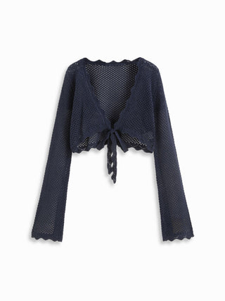 Knit Crochet Hollow Out Bell Sleeve Knotted Oversized Cardigan