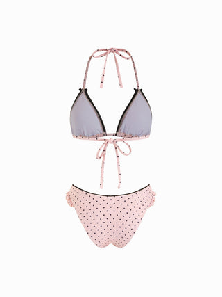 Halter Neckline Polka Dot Bowknot Ruffle Hem Triangle Bikini Set