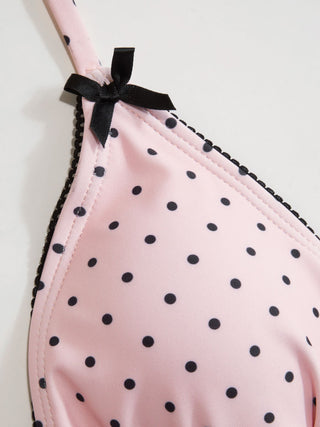 Halter Neckline Polka Dot Bowknot Ruffle Hem Triangle Bikini Set