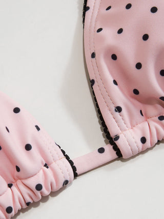 Halter Neckline Polka Dot Bowknot Ruffle Hem Triangle Bikini Set