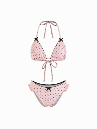 Halter Neckline Polka Dot Bowknot Ruffle Hem Triangle Bikini Set