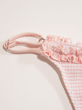 Textured Halter Neckline Striped Lettuce Trim Triangle Bikini Set With Sarong