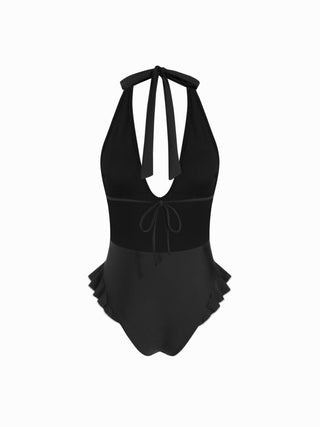 Halter V-neck Ruffle Hem Contrasting Binding One Piece Swimsuit