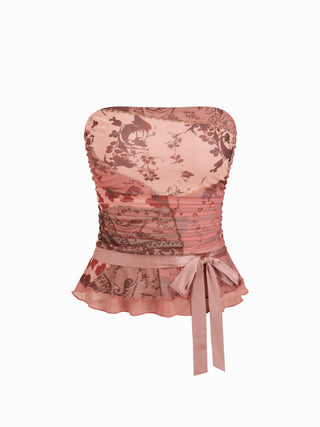 Mesh Aztec Graphic Strapless Ruched Bowknot Ruffle Hem Crop Bandeau Top