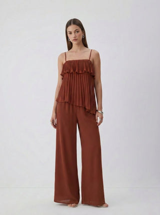 Stand Collar Pleated Oversized Top & Mid Rise Straight Leg Trousers Set