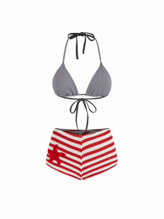 Striped Halter Neckline Starfish Detail 3 Piece Bikini Set With Shorts