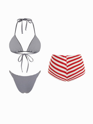 Striped Halter Neckline Starfish Detail 3 Piece Bikini Set With Shorts