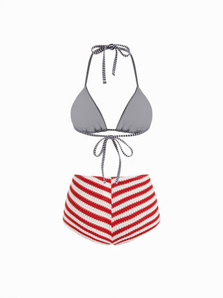Striped Halter Neckline Starfish Detail 3 Piece Bikini Set With Shorts