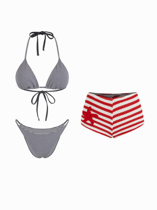 Striped Halter Neckline Starfish Detail 3 Piece Bikini Set With Shorts