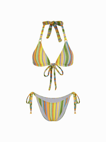 Halter Colorful Stripe Tie Side Bikini Two Piece Set