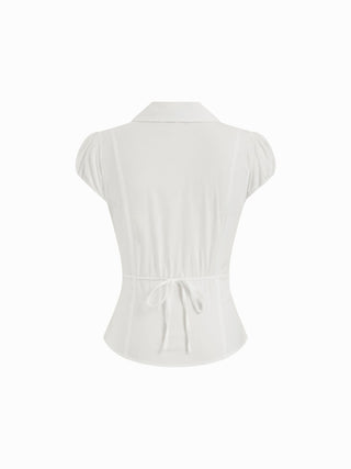 Cotton-blend Ruched Puff Sleeve Longline Blouse