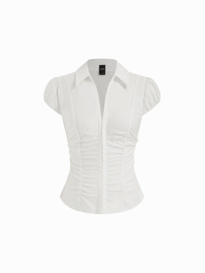 Cotton-blend Ruched Puff Sleeve Longline Blouse