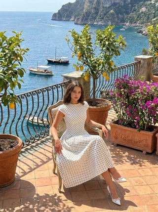 Sculptural Polka Dot Stand-Collar Flared Maxi Dress