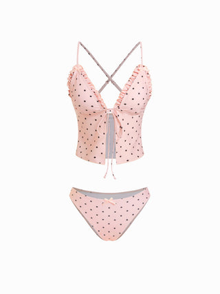 V-neck Gingham Bowknot Lettuce Trim Tankini Bikini Set