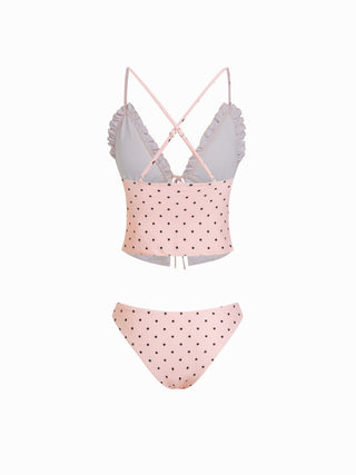 V-neck Gingham Bowknot Lettuce Trim Tankini Bikini Set